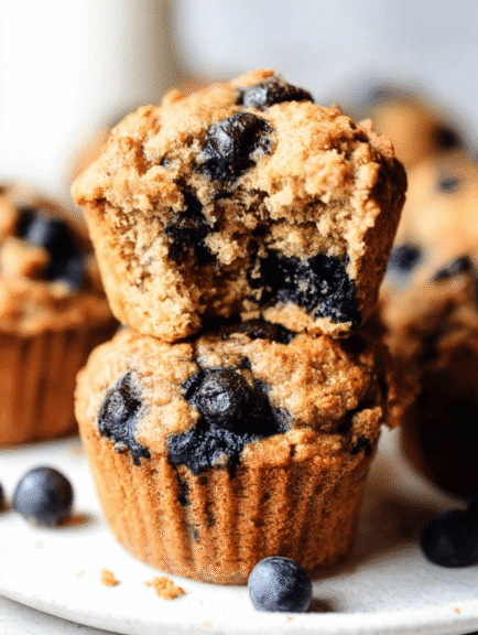 Golden brown blueberry protein muffins stacked on a plate, bursting with fresh blueberries