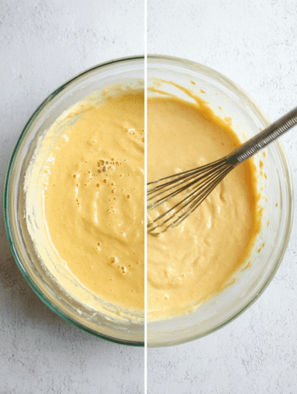 Smooth and creamy muffin batter in a glass bowl being whisked, ready for baking