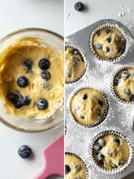 Blueberry protein muffin batter in paper liners, ready to bake in a muffin tin