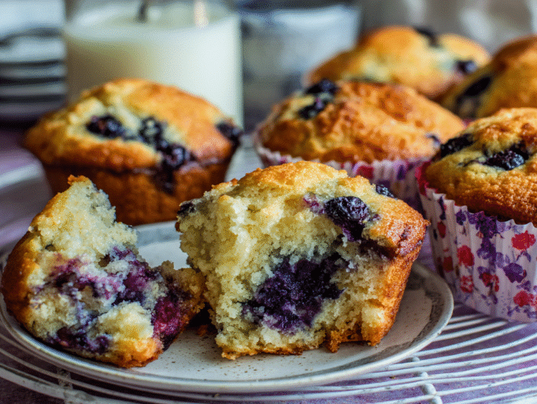 Freshly baked blueberry yogurt muffins with golden tops and juicy blueberries inside, served on a plate and in paper liners.
