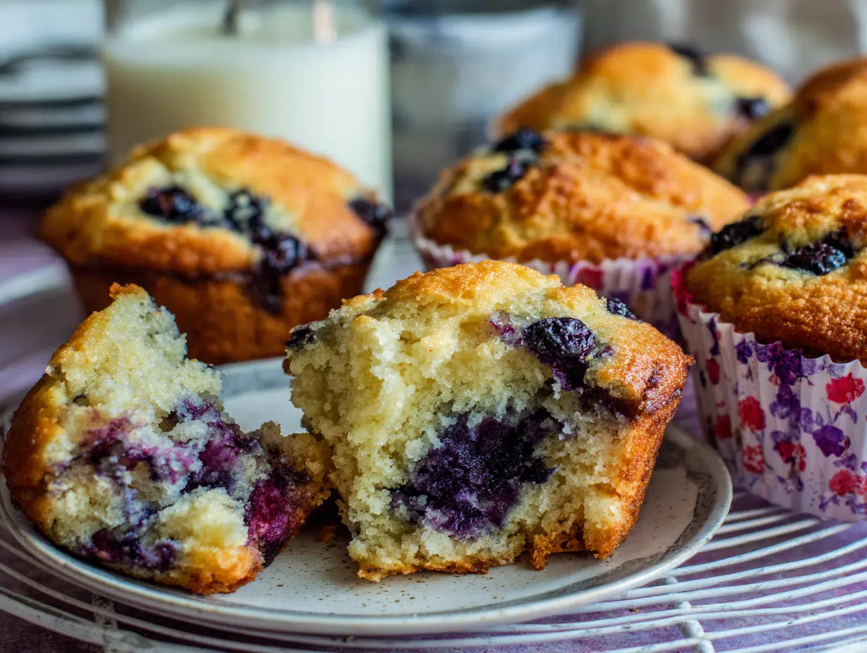 Freshly baked blueberry yogurt muffins with golden tops and juicy blueberries inside, served on a plate and in paper liners.