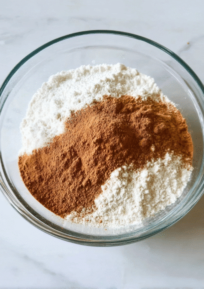 Mixing bowl filled with all-purpose flour and ground cinnamon for muffins
