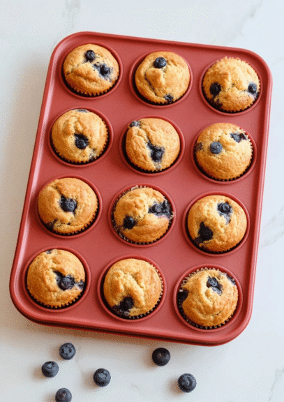 Golden blueberry muffins baked in red muffin tin with fresh blueberries nearby