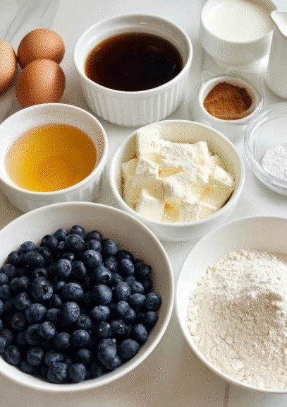 Fresh ingredients for cottage cheese blueberry muffins including eggs, blueberries, flour, sugar, oil, and cottage cheese