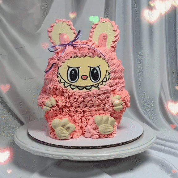 Labubu birthday cake with pink frosting and heart decorations