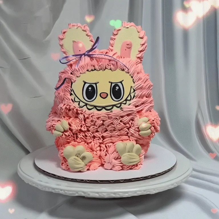 Labubu birthday cake with pink frosting and heart decorations