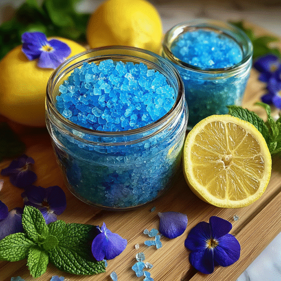 Jars of blue salt with sliced lemon, mint, and blue petals on a cutting board