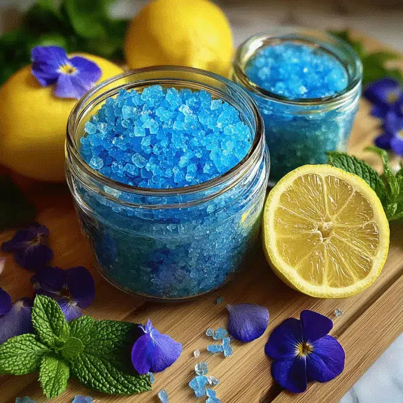 Jars of blue salt with sliced lemon, mint, and blue petals on a cutting board