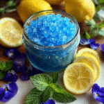 Blue salt crystals in a glass jar with fresh lemon, mint, and violet petals