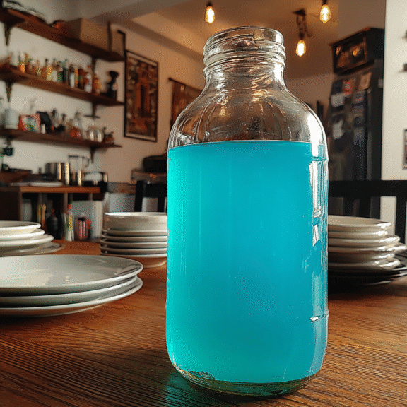 Large bottle of blue salt solution on a wooden table, surrounded by plates