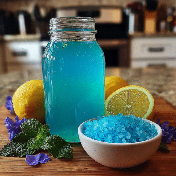 Mason jar of bright blue liquid, blue salt in a bowl, with lemon and mint