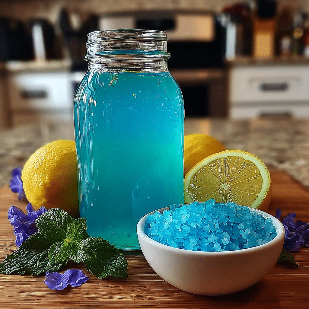 Mason jar of bright blue liquid, blue salt in a bowl, with lemon and mint