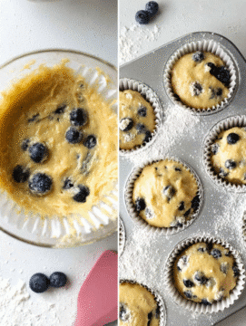 Blueberry muffin batter in a mixing bowl and spooned into a muffin tin lined with papers