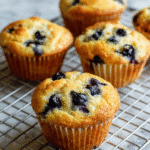 Close-up of homemade blueberry muffins with golden crusts and juicy berries on a wire rack