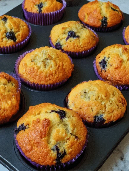 Freshly baked healthy blueberry muffins in a muffin tin lined with purple paper liners.