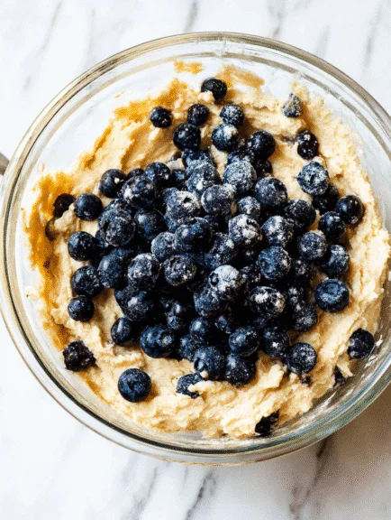 Fresh blueberries coated in flour sitting on top of healthy muffin batter in a mixing bowl.