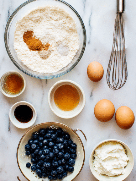 Flat lay of ingredients for healthy blueberry muffins including flour, eggs, blueberries, Greek yogurt, and natural sweeteners.
