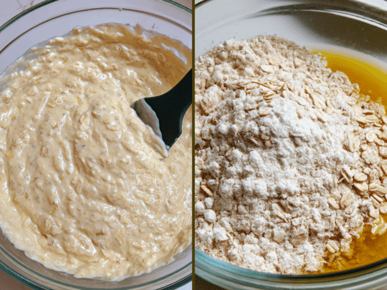 Mixing dry ingredients like oats and flour with wet ingredients for a blueberry oatmeal muffins batter.