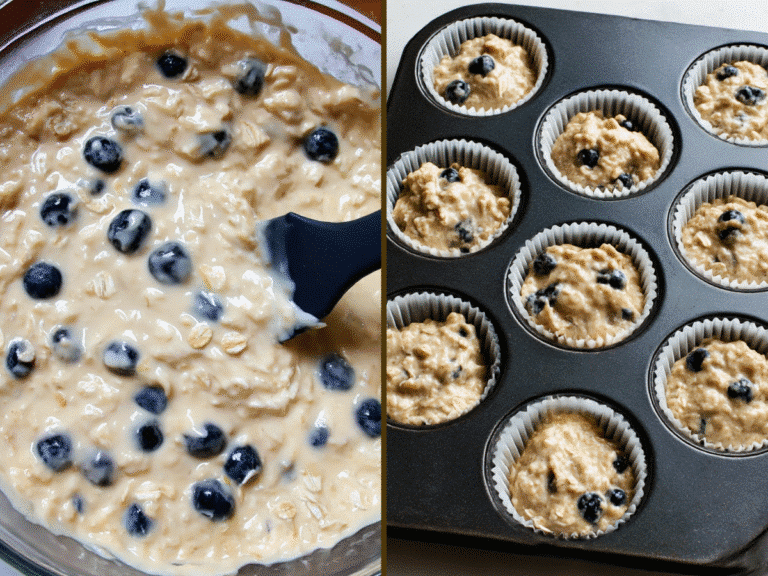 Blueberry oatmeal muffin batter with fresh blueberries in a glass bowl and scooped into muffin liners in a muffin pan.