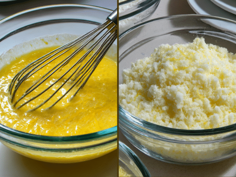 Mixing wet ingredients and sugar in a glass bowl with a whisk for a blueberry oatmeal muffin recipe.