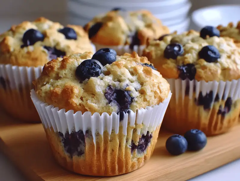 Freshly baked healthy blueberry muffins with golden tops and juicy blueberries.