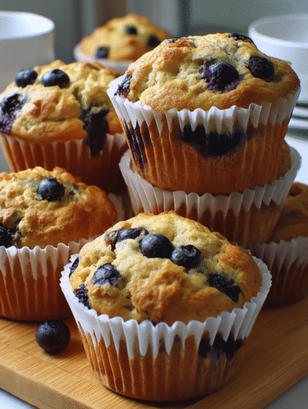 Golden brown healthy blueberry muffins stacked on a wooden board, featuring juicy blueberries.