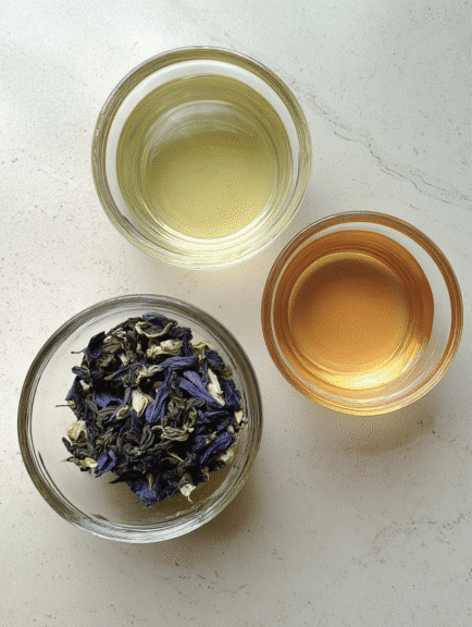 Brazilian Mounjaro recipe ingredients including butterfly pea flower, ginger tea, and apple cider vinegar