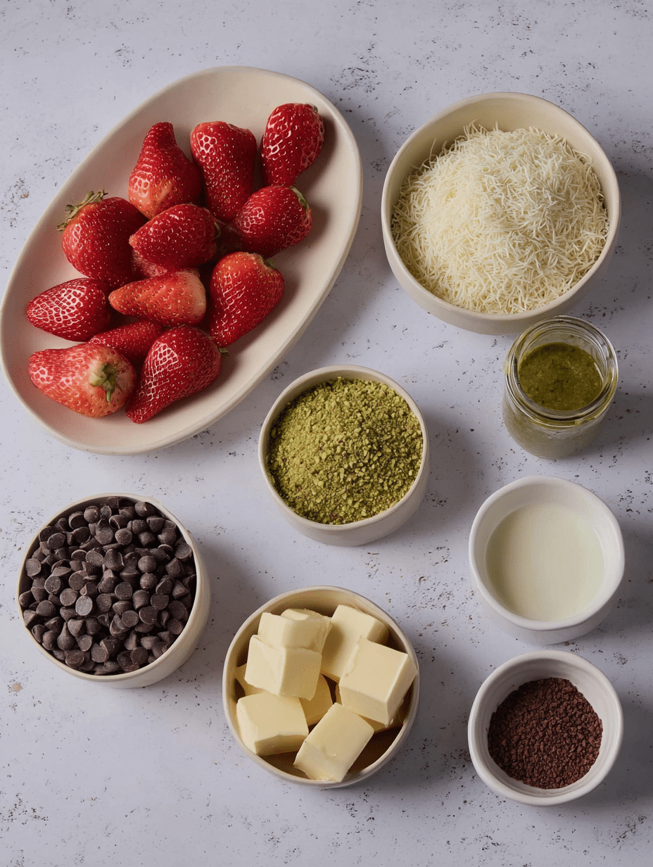 Dubai-Chocolate-Strawberries-1 Ingredients for Dubai chocolate strawberries with pistachio and kataifi