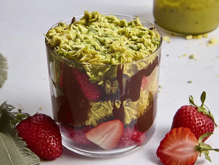 Dubai chocolate strawberry cup layered with kataifi, fresh strawberries, melted chocolate, and pistachio topping