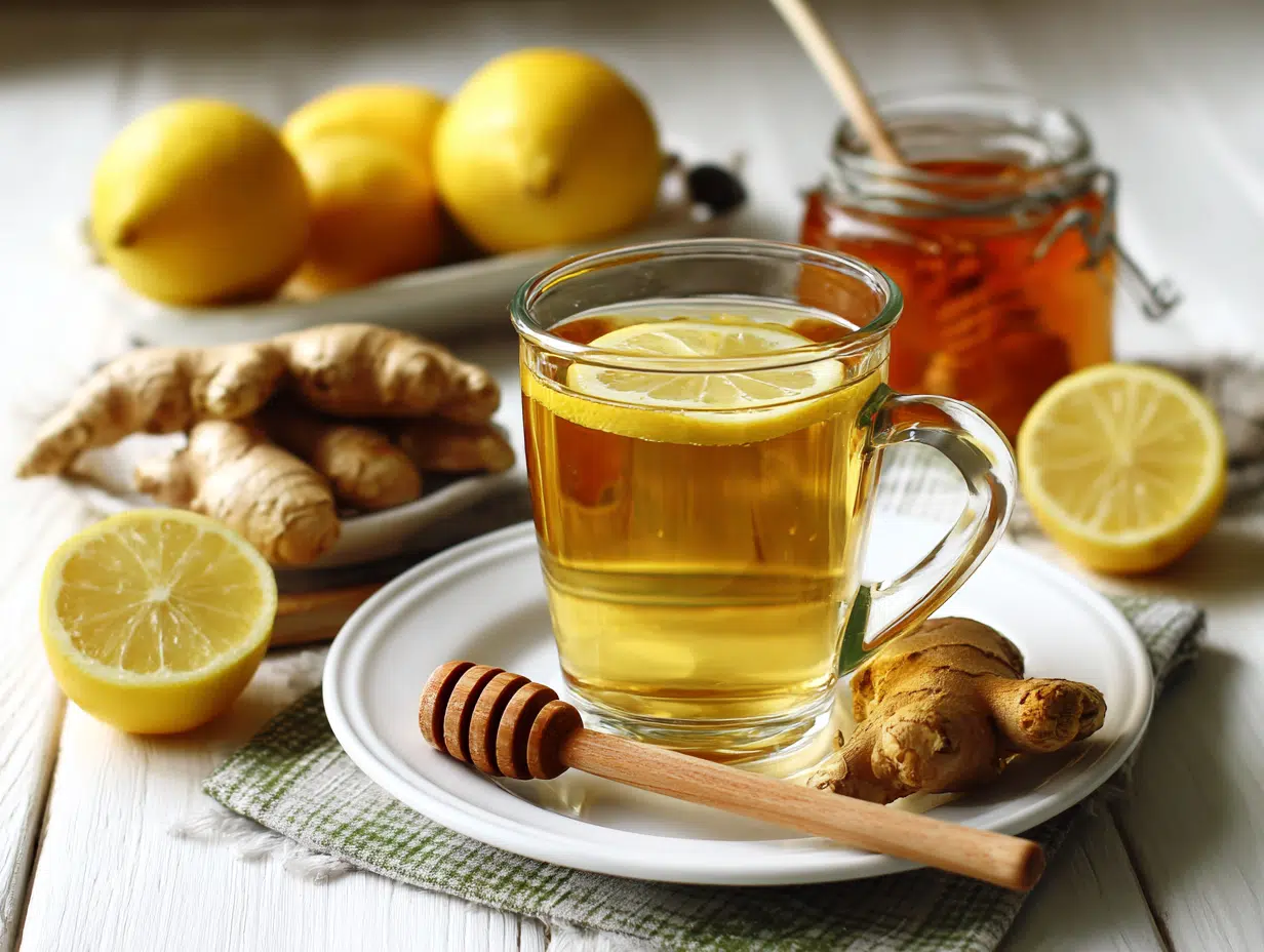 Homemade Mounjaro recipe with ginger, lemon, and honey in a glass cup