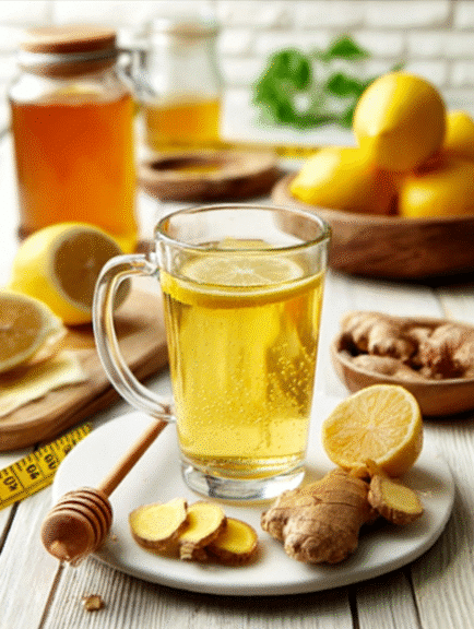 Homemade Mounjaro recipe with lemon, honey, and sliced ginger on white plate