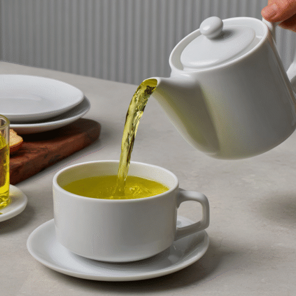 Pouring Japanese Mounjaro tea into a white cup on a saucer