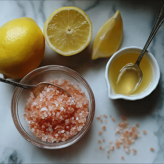 Japanese Pink Salt Weight Loss Recipe ingredients with pink salt, lemon, and lemon juice.