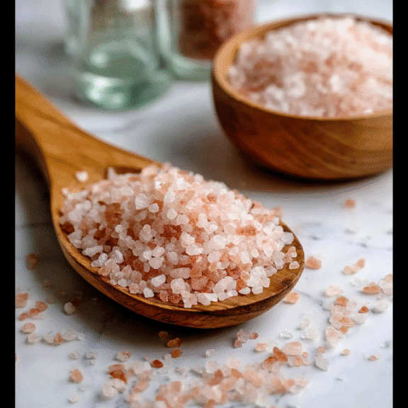 Japanese Pink Salt Weight Loss Recipe using Himalayan pink salt in wooden spoon and bowl.