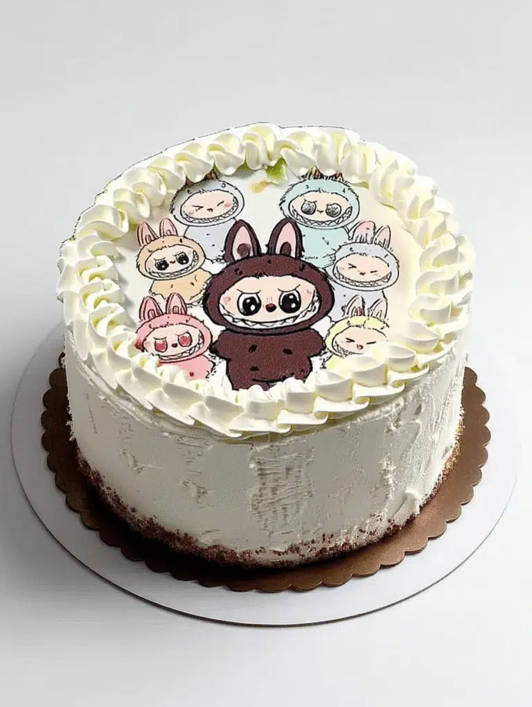 Labubu character birthday cake with white buttercream and cartoon faces.