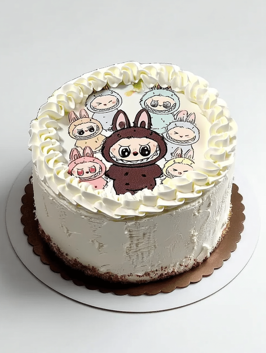 Labubu character birthday cake with white buttercream and cartoon faces.