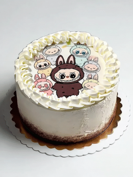 White cake with Labubu and Pop Mart character decorations on top.
