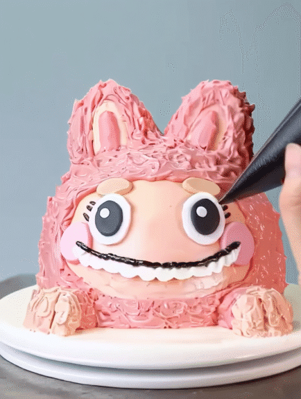 Piping a smile on a Labubu cake design for girls