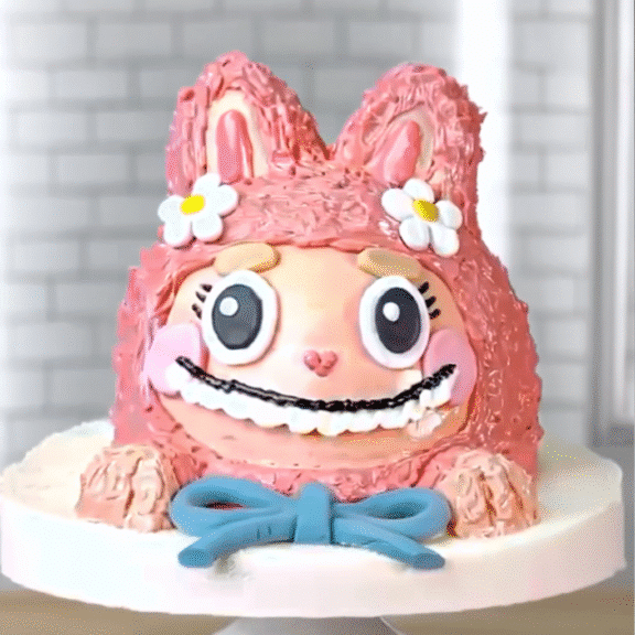 Labubu cake design for girls with pink fur and fondant flowers
