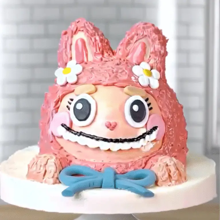 Labubu cake design for girls with pink fur and fondant flowers