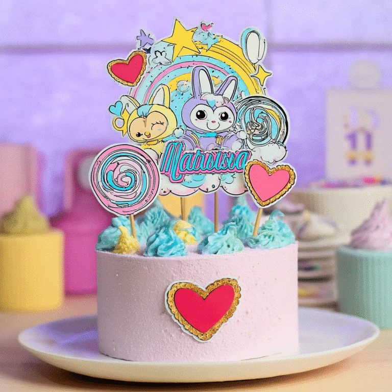 Labubu cake topper with pastel colors and cartoon characters