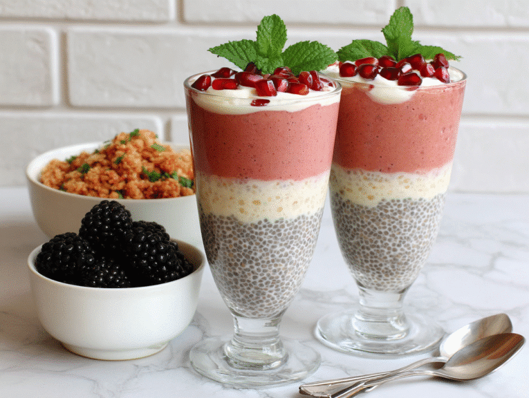 Layered chia parfait with fruit and yogurt in a glass.