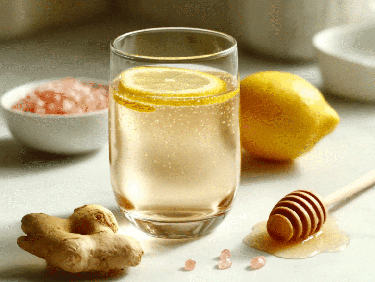 Glass of pink salt trick recipe with lemon, honey, ginger, and Himalayan pink salt on a white countertop