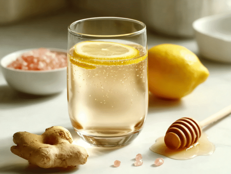 Glass of pink salt trick recipe with lemon, honey, ginger, and Himalayan pink salt on a white countertop