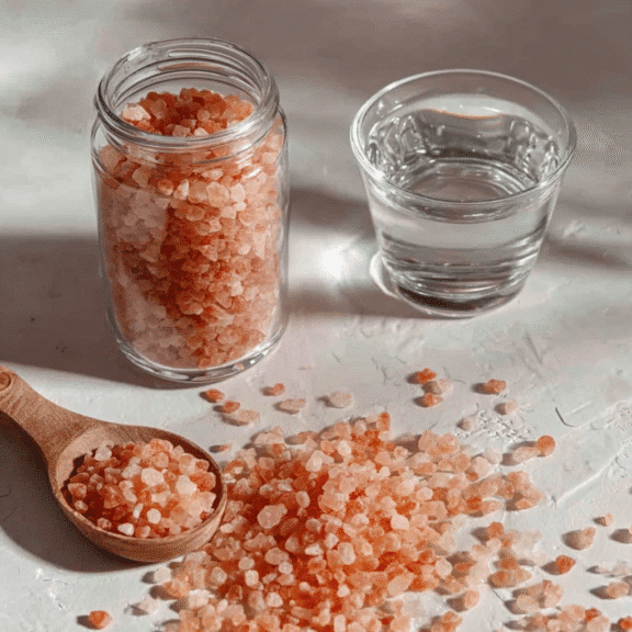 Pink Salt Weight Loss Recipe featuring spilled pink salt and water.