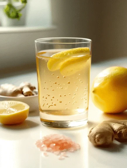 Pink salt drink with lemon slices, ginger, and Himalayan salt