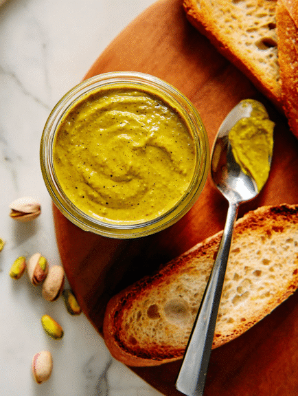 Jar of pistachio butter and toast