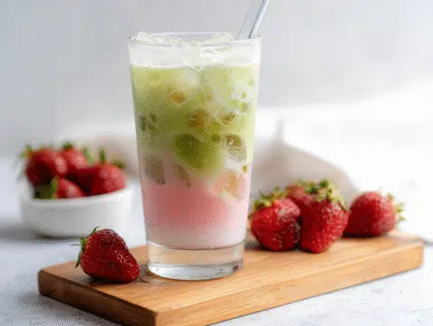 Iced strawberry matcha latte in a glass with fresh strawberries