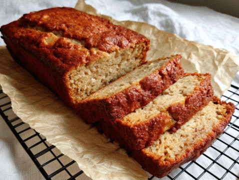 Moist cottage cheese banana bread loaf sliced on parchment paper