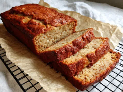 Moist cottage cheese banana bread loaf sliced on parchment paper